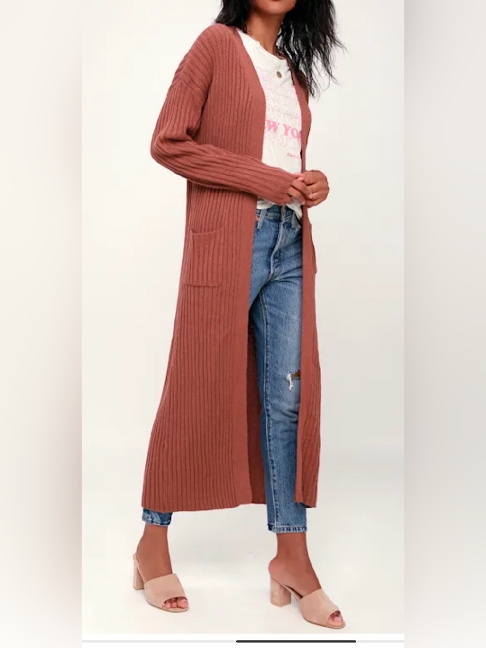 Lulu's Rust Ribbed Long Open-Front Cardigan - Picture 1 of 10